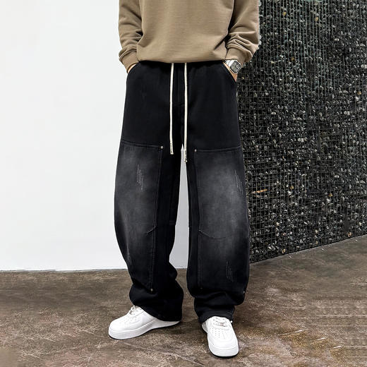 徐太浪【做旧刮烂 帅气贴布】加绒卫裤男秋冬款宽松直筒裤子长裤 商品图1