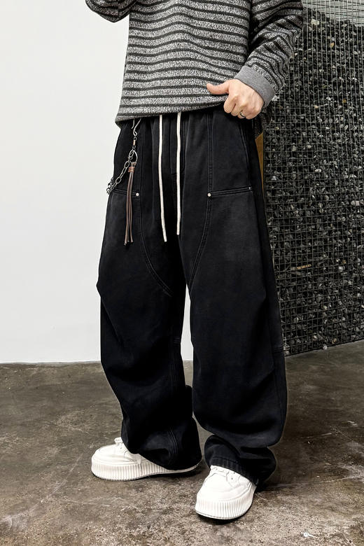 徐太浪【缉明线 立体裁剪】加绒休闲裤男秋冬款保暖直筒黑色裤子 商品图4