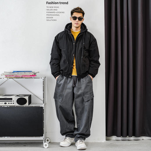 徐太浪【抽绳连帽 工装风】黑色羽绒服男冬季厚款保暖防寒服外套 商品图3