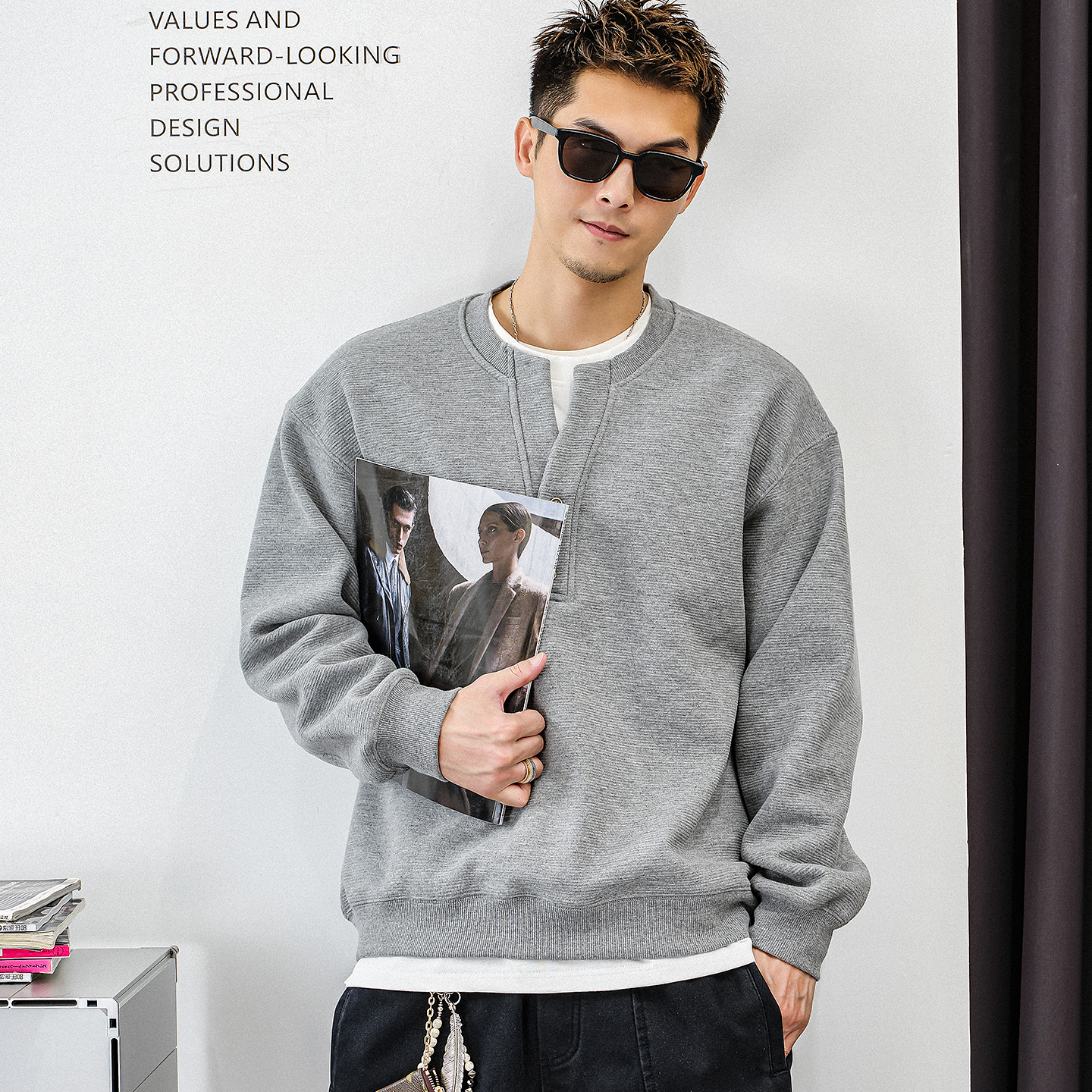 徐太浪【cleanfit 混纺保暖】假两件加绒卫衣男秋冬款打底衫上衣