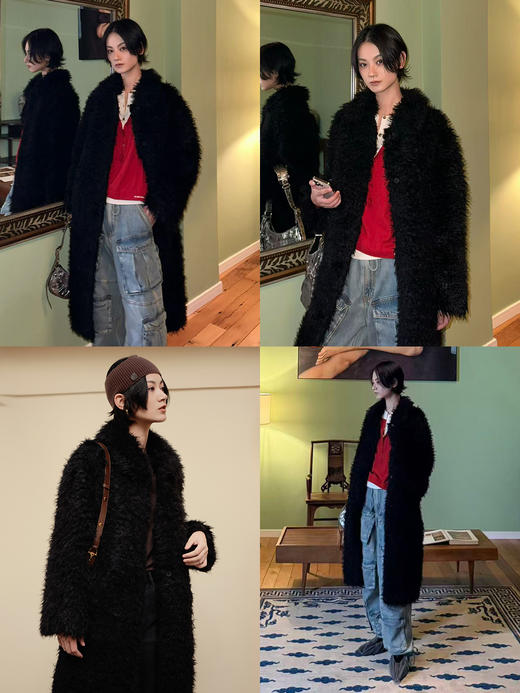 HIDEMI 大秀款进口环保卷毛长毛翻领廓形肩复古感加厚款大衣 商品图1