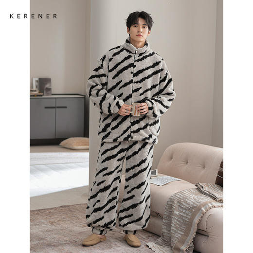 可人儿冬季男士保暖舒棉绒睡衣秋冬休闲立领加绒加厚珊瑚绒家居服 商品图3