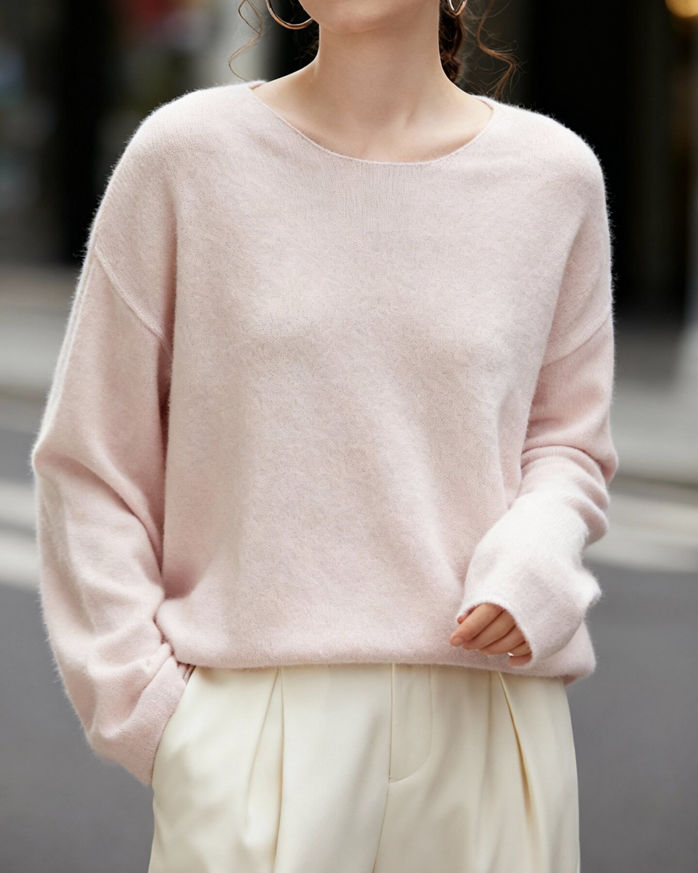 松弛感无缝一字领羊绒羊毛混纺套头上衣