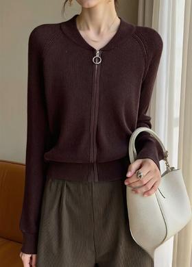 【韩系毛衣】拉链开衫～镰刀领休闲针织开衫外套-喜出