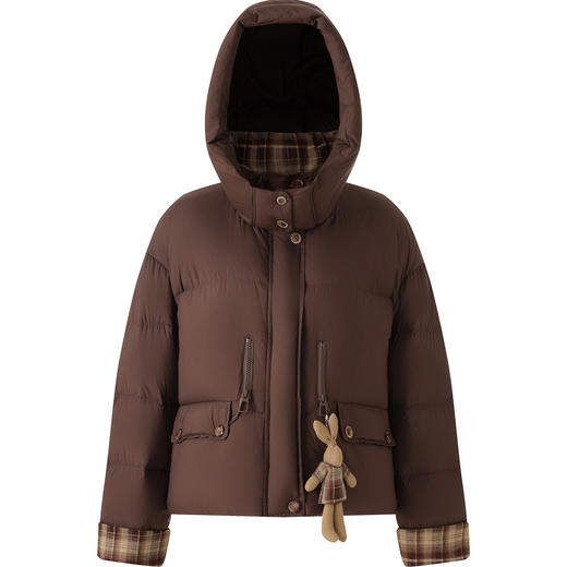 「高货wl」全新升级【铂金会员588/天猫799/差价211】(01933)洛诗琳连帽泡芙小熊挂饰羽绒服2025冬季格纹撞色保暖外套 商品图3