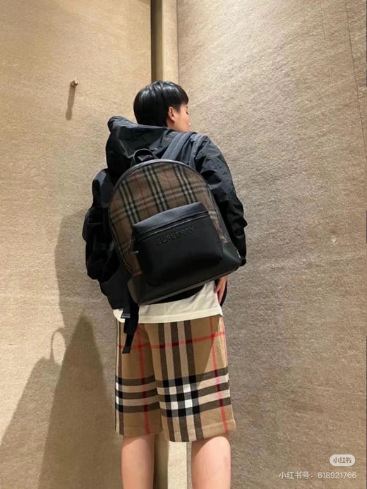 巴家徽标刺绣拉链开合格纹双肩包 商品图4