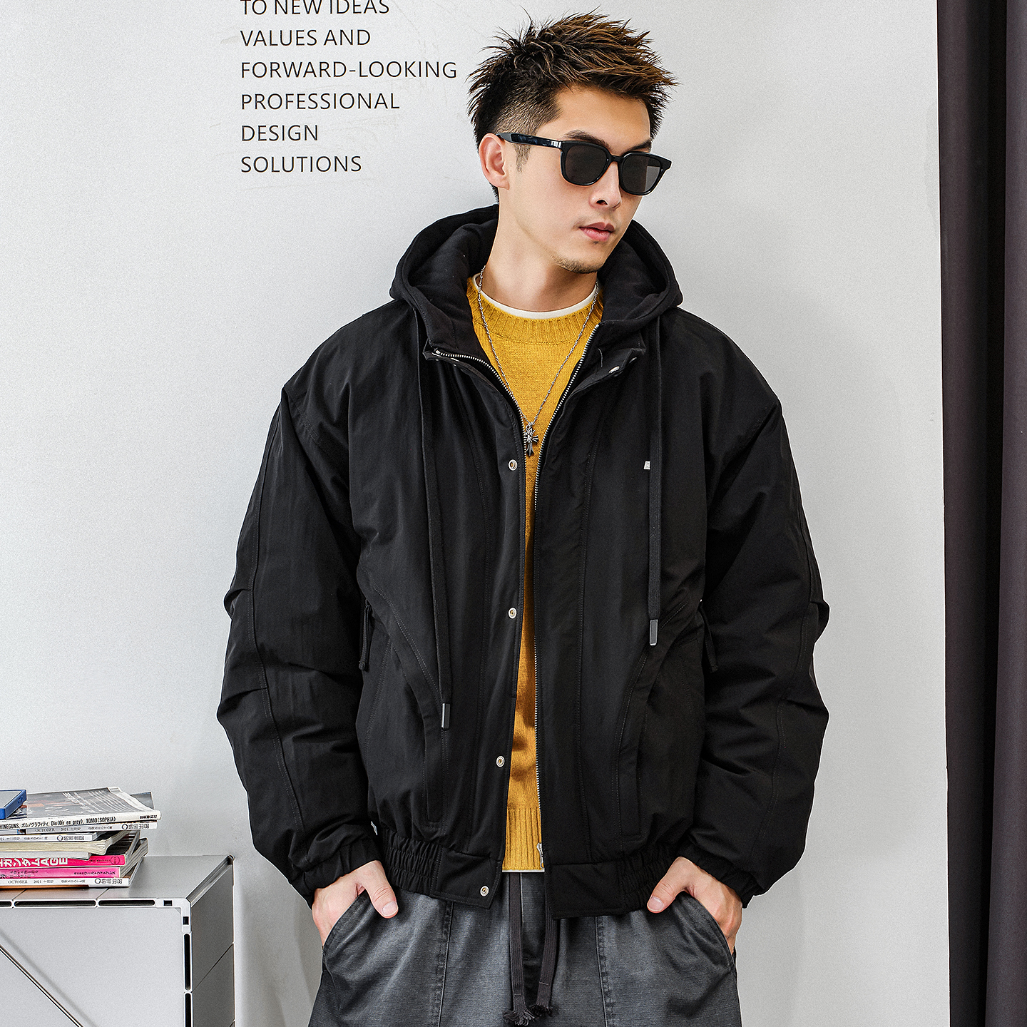 徐太浪【抽绳连帽 工装风】黑色羽绒服男冬季厚款保暖防寒服外套