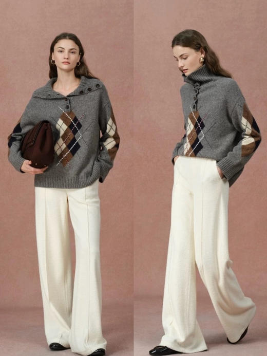 F**E家同款复古菱格提花羊毛针织混纺毛衣 商品图5