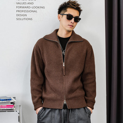 徐太浪【肌理纹 双拉链】翻领开衫毛衣男秋冬休闲大码针织衫外套 商品图2