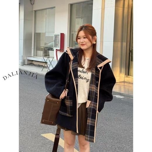25AW上新 佳佳同款【芬兰周末】连帽双面可穿格纹呢子外套百搭宽松韩版 商品图0