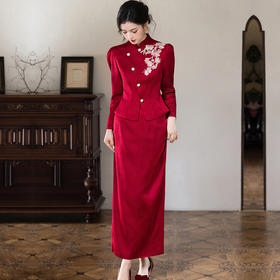 WC9538新式旗袍2025秋冬中国风优雅气质长款针织提花显瘦修身连衣裙套装