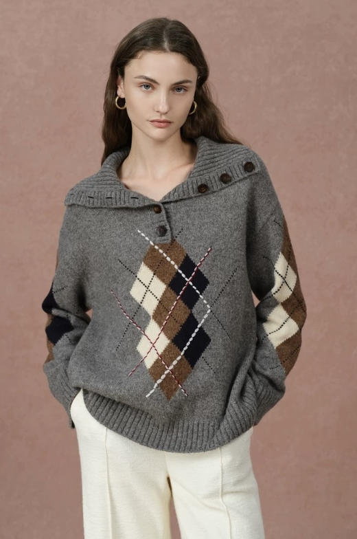 F**E家同款复古菱格提花羊毛针织混纺毛衣 商品图3