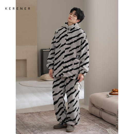 可人儿冬季男士保暖舒棉绒睡衣秋冬休闲立领加绒加厚珊瑚绒家居服 商品图1