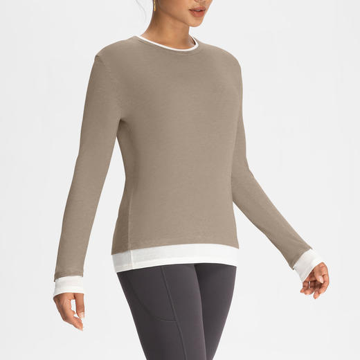 跃牌【倚窗听雨】美丽诺羊毛瑜伽服女假两件拼接撞色长袖T恤运动宽松打底衫上衣 商品图2