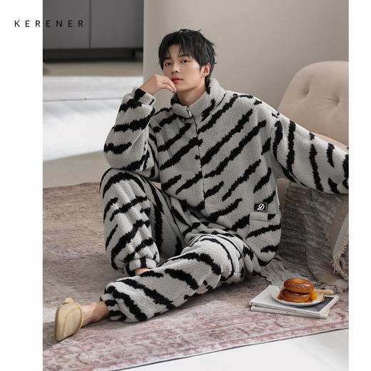 可人儿冬季男士保暖舒棉绒睡衣秋冬休闲立领加绒加厚珊瑚绒家居服 商品图0