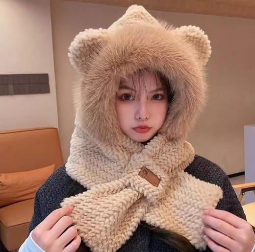 【可爱保暖❗️仿狐狸毛绒帽】一件顶三件，亲肤包裹温暖护颈，加绒加厚循环琐温，柔软温暖不宜掉毛，秋冬季东北骑车冬天围脖保暖2025新款QQ 商品图7