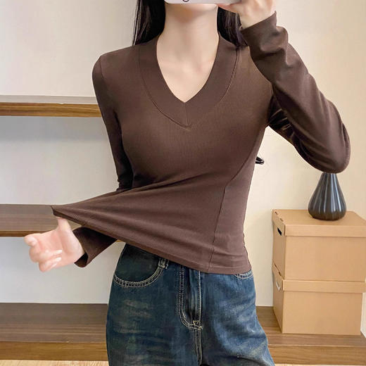 【买一送一】秋季百搭V领打底衫长袖体恤女装螺纹百搭纯欲v领显瘦修身内搭长袖t恤女上衣高级感打底衫 商品图2