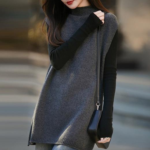 丁摩 半高领100纯羊毛针织马甲女秋冬中长款宽松无袖毛衣坎肩yc-028 商品图0