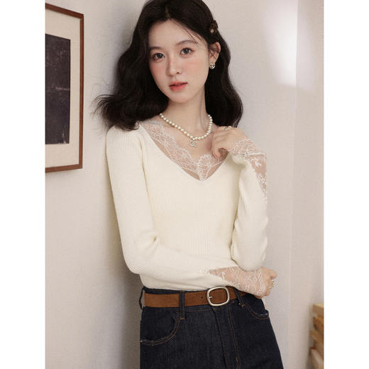 鹿向南「温婉织柔」法式设计感杏色针织衫女秋冬蕾丝花边内搭上衣 商品图3