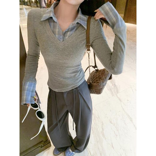 <曾小咸推荐> 现货秒杀！微信超特价！灰色格子翻领t恤假两件 日常159.99 立减90 秒杀69.99！ 商品图1