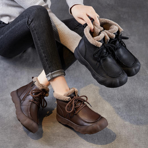复古厚底头层牛皮雪地靴，加绒加厚短靴真皮棉靴棉鞋ZM258727 商品图0