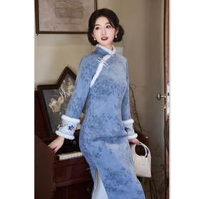 麂皮绒印花加绒长袖旗袍时尚改良新中式日常修身旗袍11833