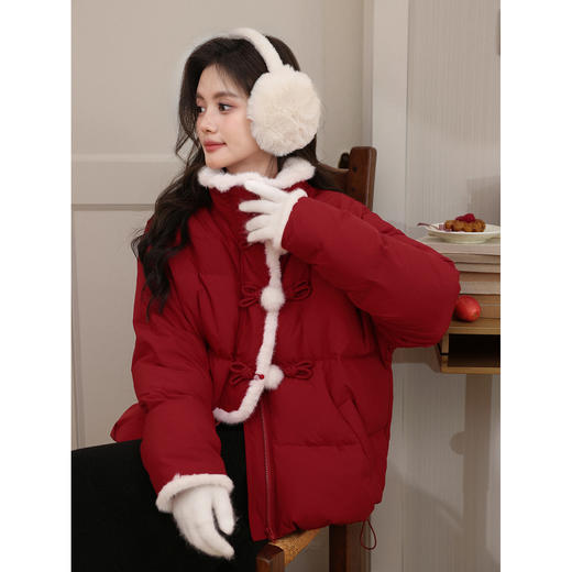 鹿向南「落日海棠」90白鸭绒国风红色盘扣羽绒服女冬季保暖短外套 商品图4