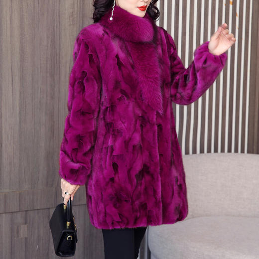 丁摩 海宁新款水貂皮草外套中长款狐狸毛领大衣 商品图2