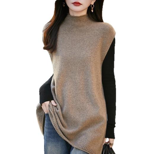 丁摩 半高领100纯羊毛针织马甲女秋冬中长款宽松无袖毛衣坎肩yc-028 商品图4