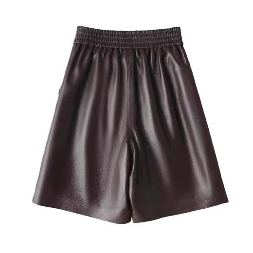 丁摩 真皮中裤女秋冬新款高腰松紧阔腿五分裤休闲皮裤子 商品图4