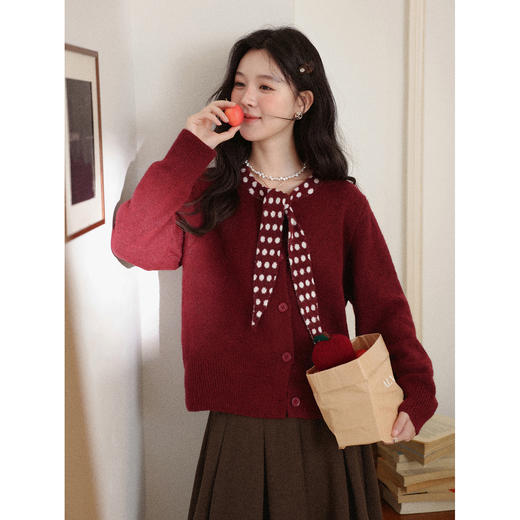 鹿向南「清欢渡月」法式洋气红色毛衣女秋冬时尚长袖开衫短款上衣 商品图4