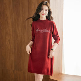 丁摩 半高领烫钻针织打底连衣裙QL8737