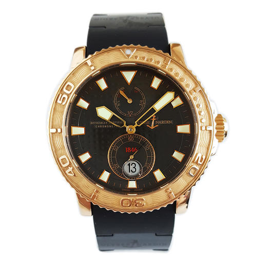 【95新】Ulysse Nardin雅典266-33自动机机芯日期显示、动储显示42mm（男款）潜水系列18k玫瑰金/单向旋转玫瑰金刻度表圈141125MC02 商品图0