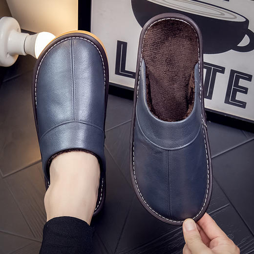 雀说 【头层牛皮】真皮拖鞋简约保暖加厚秋冬暖拖防水防滑居家男女棉拖 商品图1