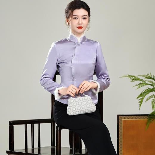 【紫映】提花毛领新中式开襟，夹棉旗袍唐装上衣外套XGT-T25169 商品图3