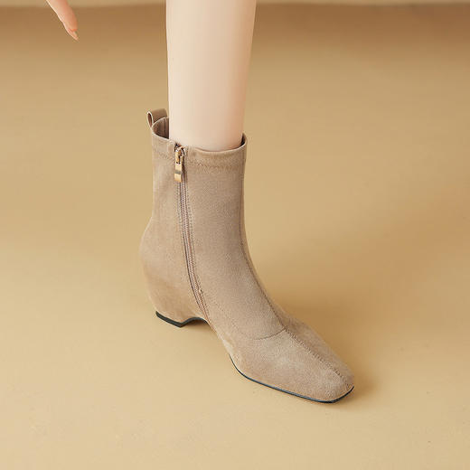 【预售5天】5cm方头内增高高跟短靴时尚绒面弹力靴百搭显高瘦瘦靴&7185 商品图0