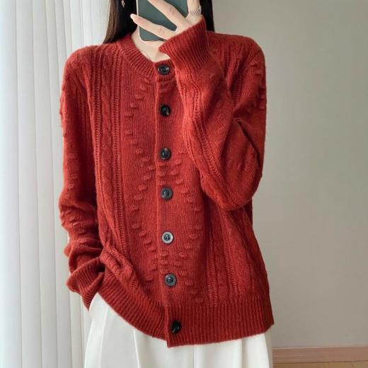 丁摩 100%纯羊毛7针双股加厚麻花凸点黑扣开衫 NJRG-073 商品图3