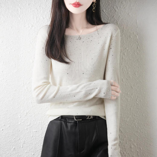 丁摩 精纺羊毛一字领满钻毛衣女晚宴约会亮片上衣A371 商品图1