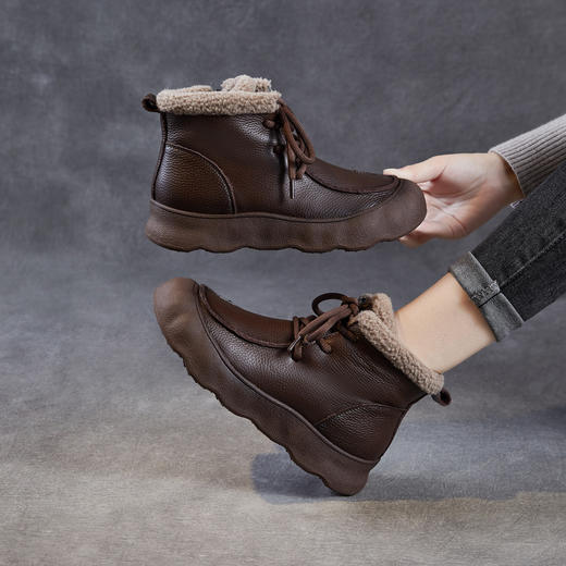 复古厚底头层牛皮雪地靴，加绒加厚短靴真皮棉靴棉鞋ZM258727 商品图1