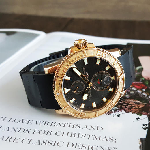 【95新】Ulysse Nardin雅典266-33自动机机芯日期显示、动储显示42mm（男款）潜水系列18k玫瑰金/单向旋转玫瑰金刻度表圈141125MC02 商品图5