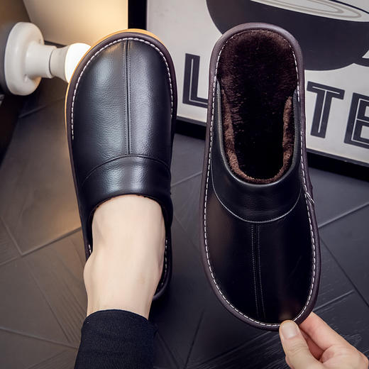 雀说 【头层牛皮】真皮拖鞋简约保暖加厚秋冬暖拖防水防滑居家男女棉拖 商品图0