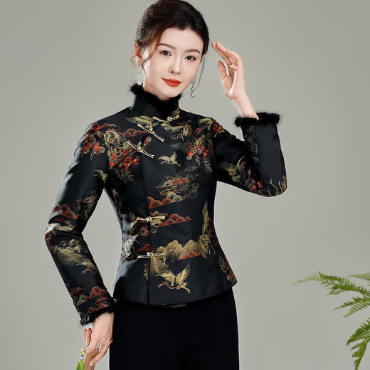 【九鹤】复古开襟毛领盘扣夹棉，新中式唐装上衣保暖外套XGT-T25128 商品图2