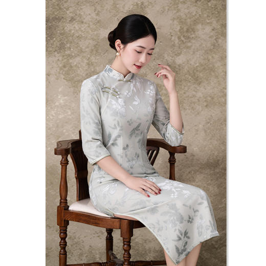 植绒加绒长款七分袖旗袍新款复古国风年轻款素雅中式旗袍209655 商品图2