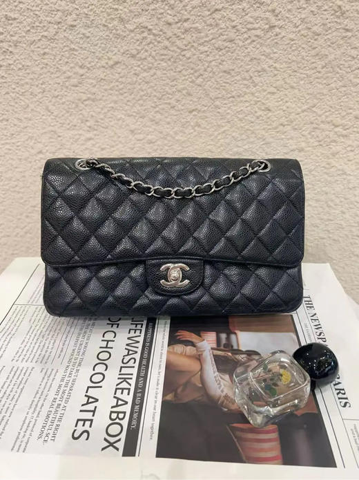 Chanel CF 中号 黑银 荔枝纹牛皮 斜挎包 商品图0