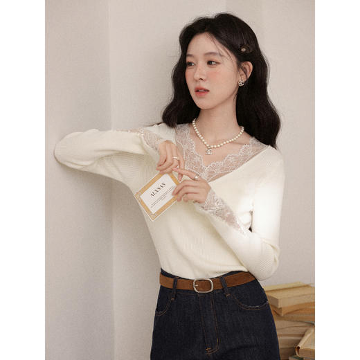 鹿向南「温婉织柔」法式设计感杏色针织衫女秋冬蕾丝花边内搭上衣 商品图2