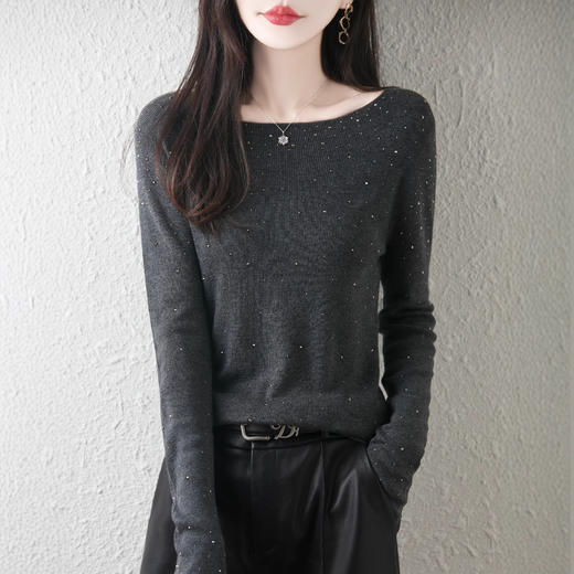 丁摩 精纺羊毛一字领满钻毛衣女晚宴约会亮片上衣A371 商品图3