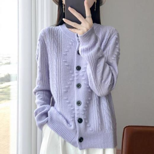 丁摩 100%纯羊毛7针双股加厚麻花凸点黑扣开衫 NJRG-073 商品图0