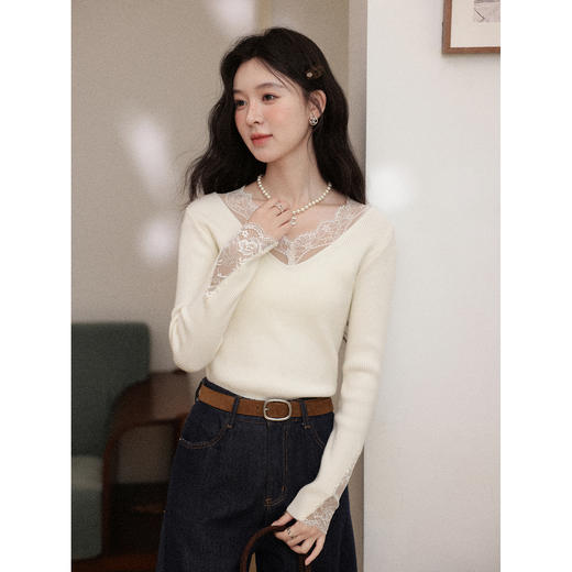鹿向南「温婉织柔」法式设计感杏色针织衫女秋冬蕾丝花边内搭上衣 商品图4