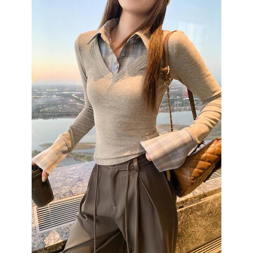 <曾小咸推荐> 现货秒杀！微信超特价！灰色格子翻领t恤假两件 日常159.99 立减90 秒杀69.99！ 商品图4