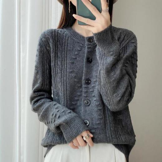 丁摩 100%纯羊毛7针双股加厚麻花凸点黑扣开衫 NJRG-073 商品图2